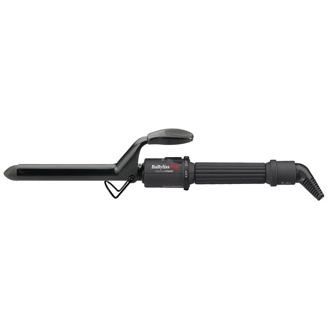 BaBylissPRO® Ceramix Xtreme™ 3/4" professional ceramic curling iron with black ceramic barrel, ridged spring handle, clamp lever, six heat settings up to 430°F, dual voltage, built-in stand, cool tip, and 9-foot swivel cord for styling curls or waves.