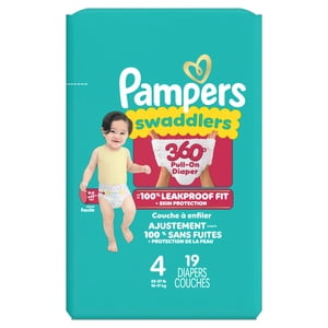 Pampers Couches - Swaddlers 360° - Taille 4, jusqu'à 100% Comfy Sec Fit étanche, EZ Tabs off conçus pour les changements faciles, tirer sur la couche