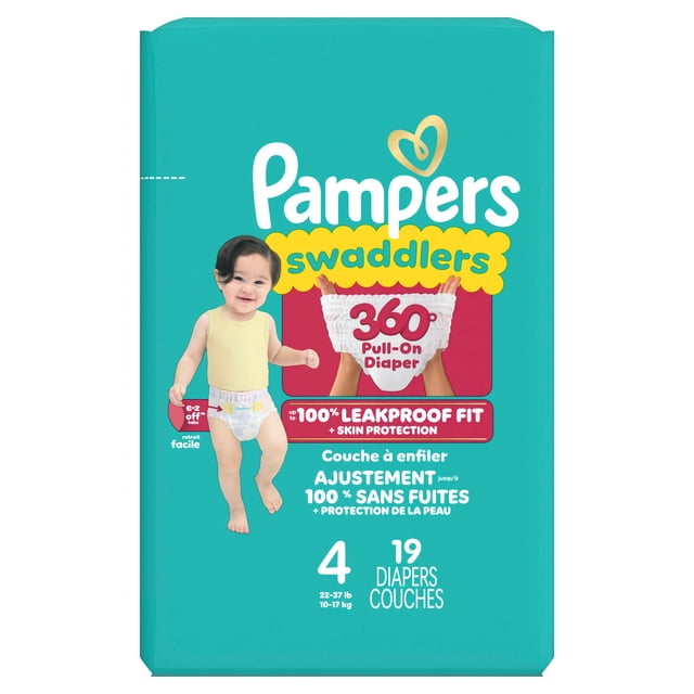 Pampers Couches - Swaddlers 360° - Taille 4, jusqu'à 100% Comfy Sec Fit étanche, EZ Tabs off conçus pour les changements faciles, tirer sur la couche
