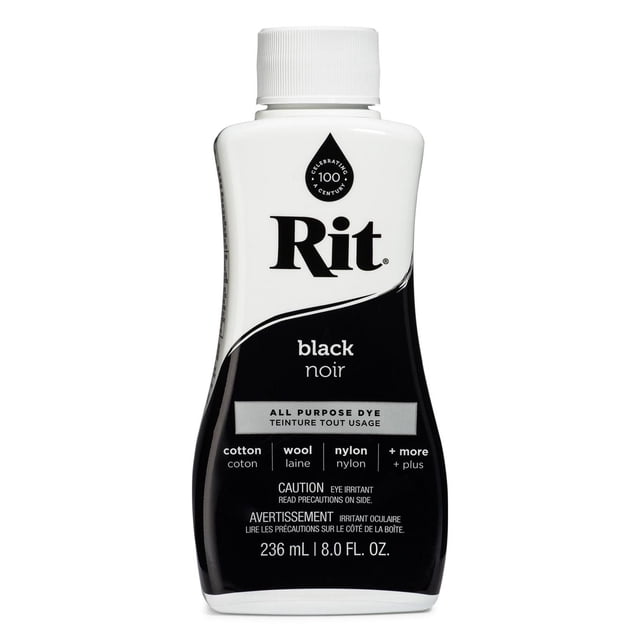 Rit Teinture Liquide Tout Usage Noire, 236 ml (8 fl oz), pour Teindre le Coton, la Laine, le nylon et d'Autres Tissus, avec un Bouchon à Vis Blanc et une Étiquette Noir et Blanc avec des Informations sur le Produit et la Sécurité.
