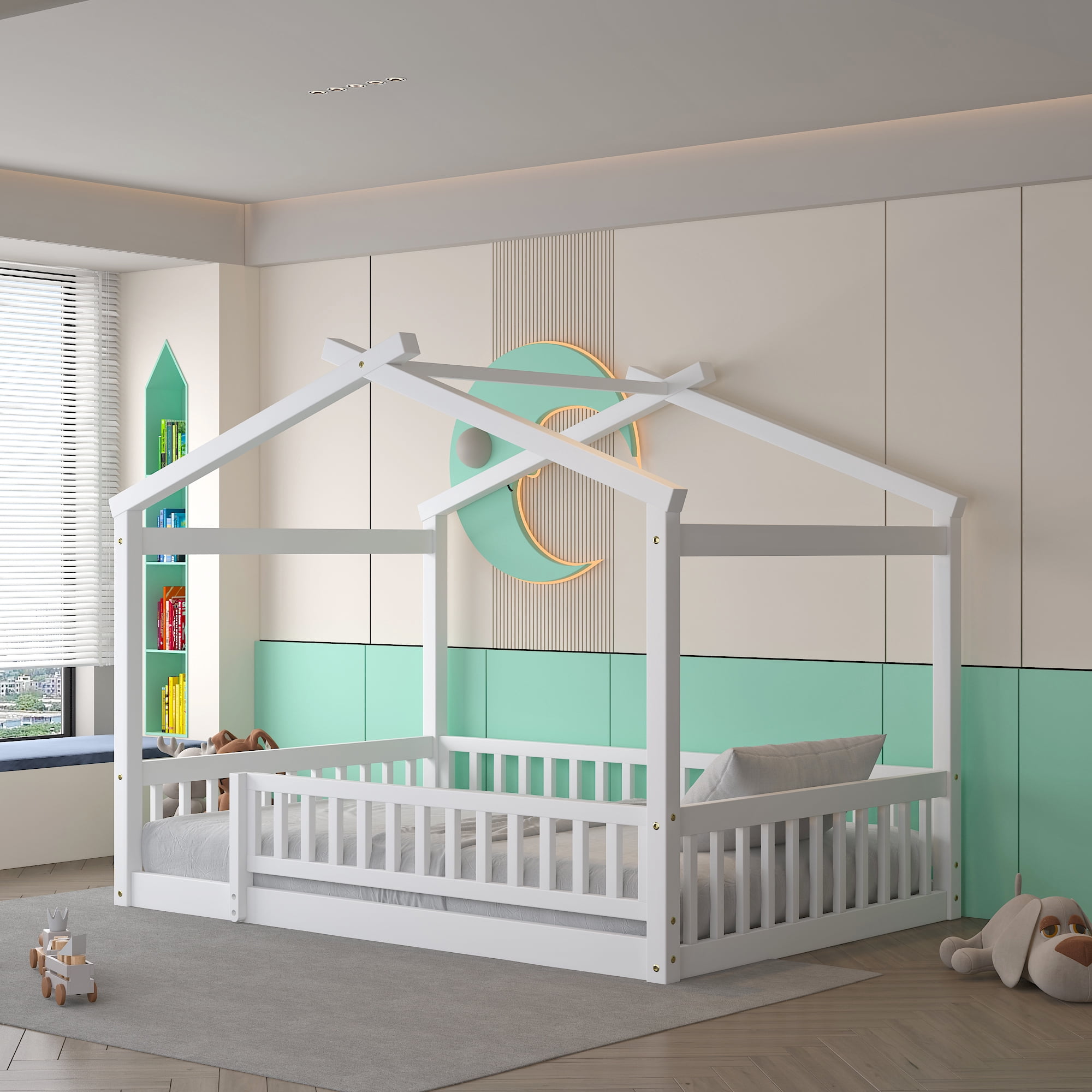 Cadre de lit cabane en bois Noble House pour lit double avec clôture, blanc