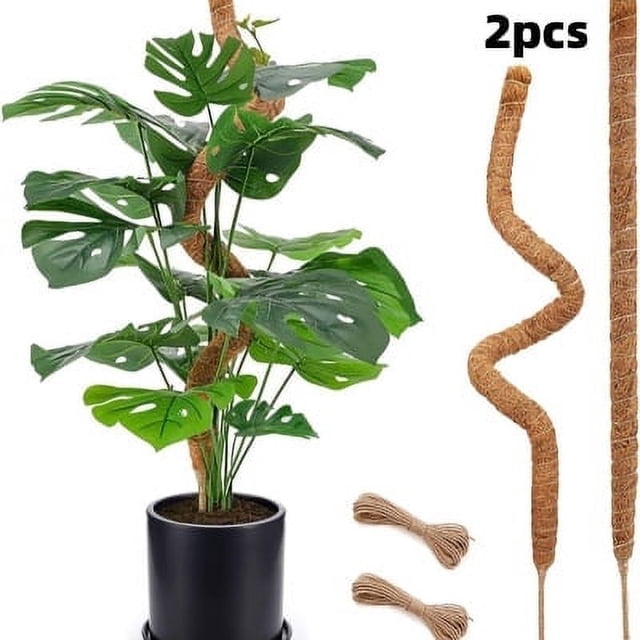 EIMELI Bendable Moss Pole for Climbing Plants Indoor Handmade Coco Coir Support Stakes, 2-pack. Features two bendable coconut fiber poles with a natural texture, ideal for supporting climbing plants like monstera. Includes two bundles of twine for securing stems, suitable for home gardening or balcony gardens.