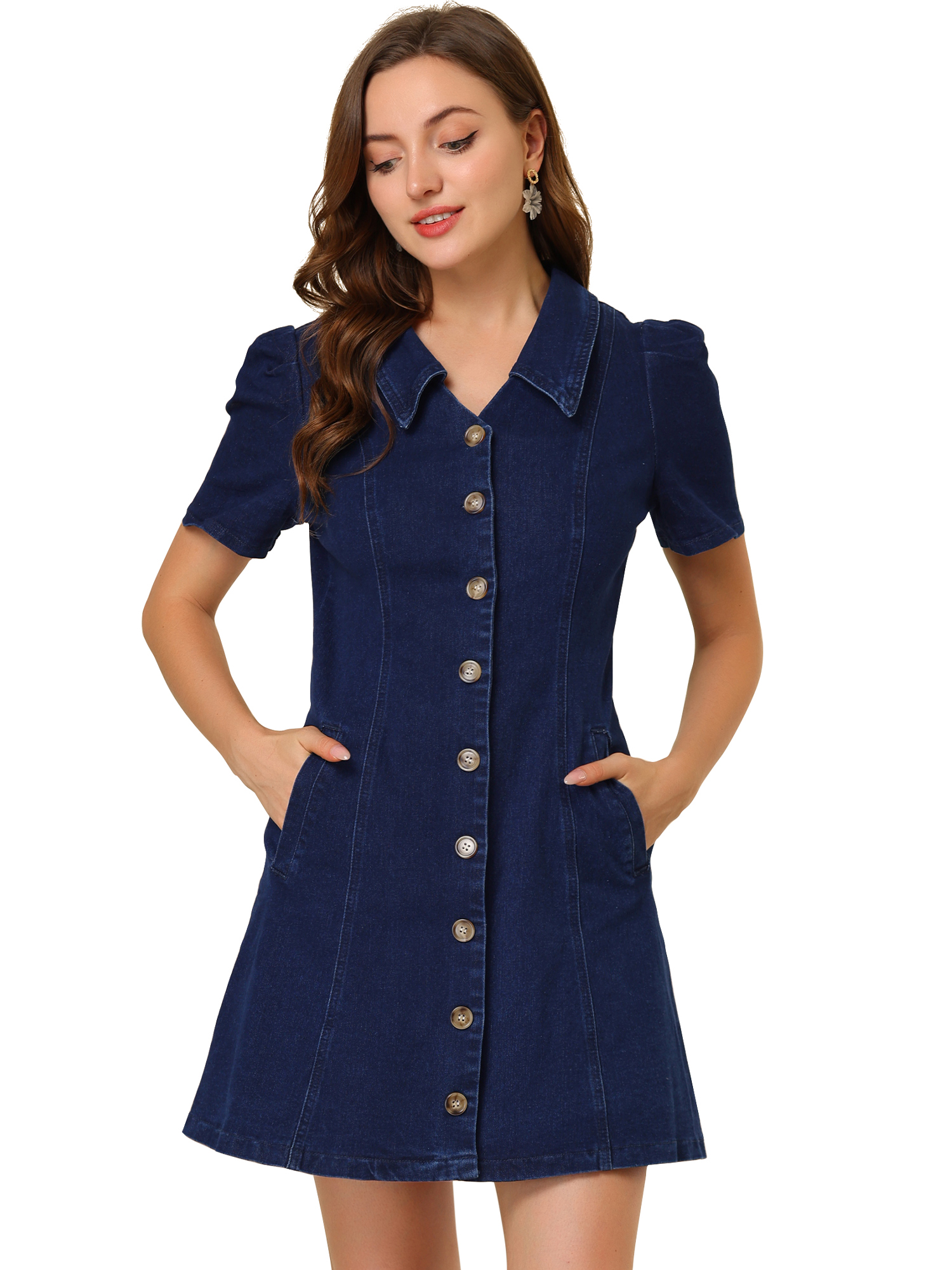 INSPIRE CHIC Robe en Denim Évasée pour Femme, Couleur Unie, Col Rabattu