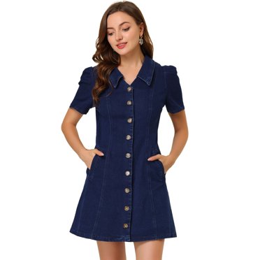 INSPIRE CHIC Women's Solid Color Turn Down Collar Fit & Flare Denim Dress