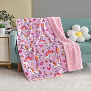 Marina Decoration Reversible Rich Printed Woven Fluffy Plush Soft Warm Flannel Fleece Children Throw Sherpa Kids Blanket, 40 x 50 Inch Unicorn and Rainbow with Pink Base Pattern