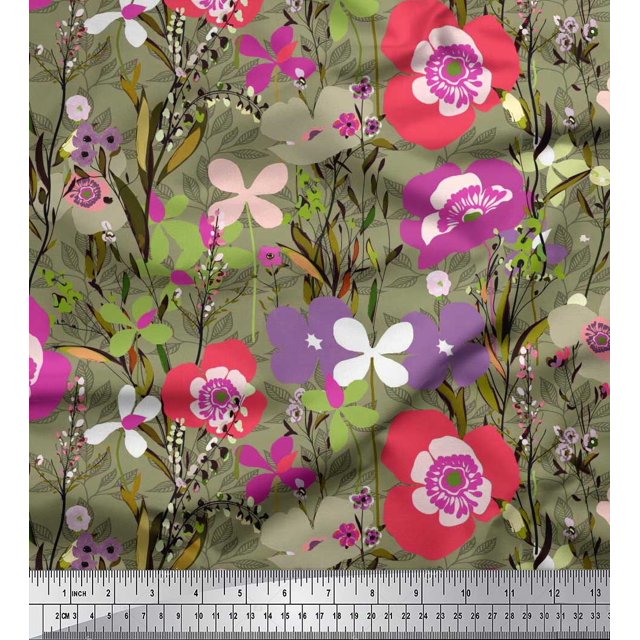 Soimoi Green Poly Georgette Fabric Leaves & Floral Artistic Decor Fabric Printed Yard 52 Inch Wide