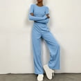 thumbnail image 2 of Timegard Lounge Outfits for Women Long Sleeve Round Neck Solid Color Cropped Tops Elastic Waist Wide Leg Pants Sets, 2 of 6