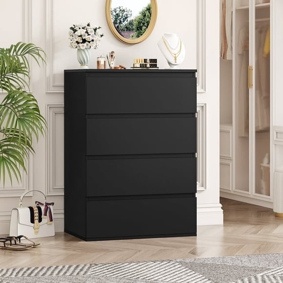 Homfa Commode à 4 Tiroirs pour Chambre, Armoire de Rangement Moderne Commode Table de Nuit en Bois pour Salon, Noir