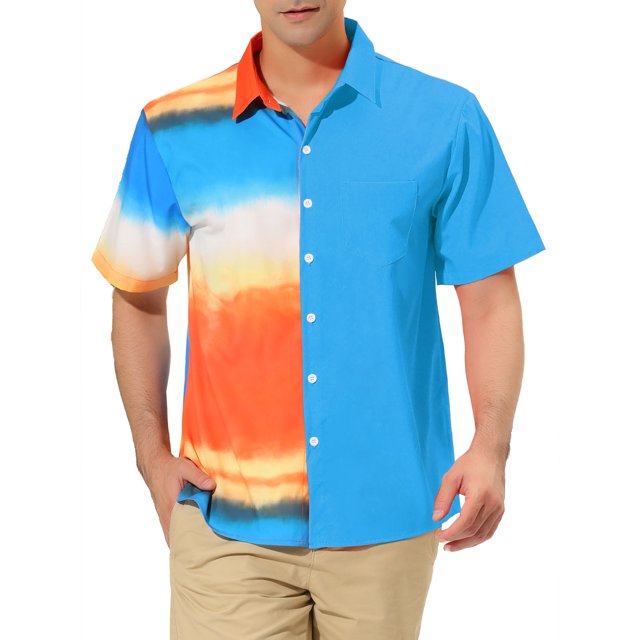 INSPIRE CHIC Men's Printed Button Down Short Sleeve Pocket Patchwork Shirts S Blue