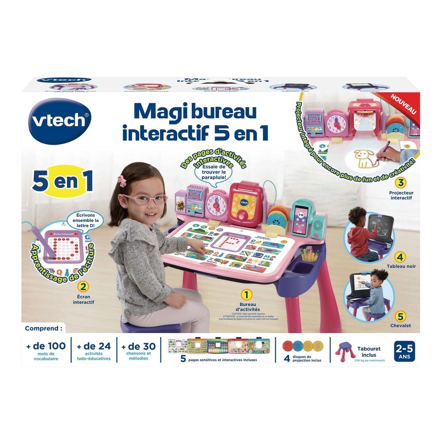 VTech Magi bureau interactif 5 en 1 avec tabouret, rose - Exclusif à Walmart - Version française, 2-5 Ans
