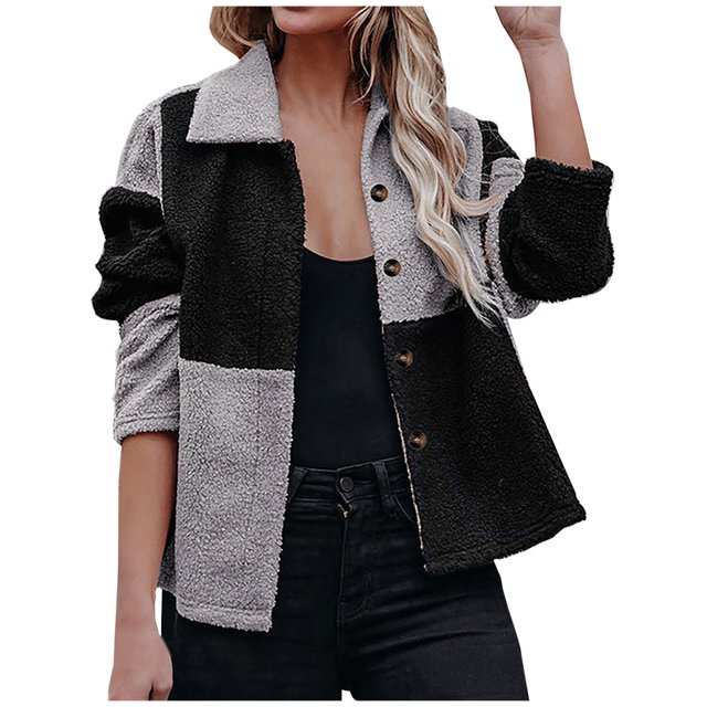 IROINID Veste Courte en Shearling pour Femmes Col Rabattu Contraste Couleur Manches Longues Manteau Décontracté Chaud Veste d'Hiver Patchwork à Boutons, Noir