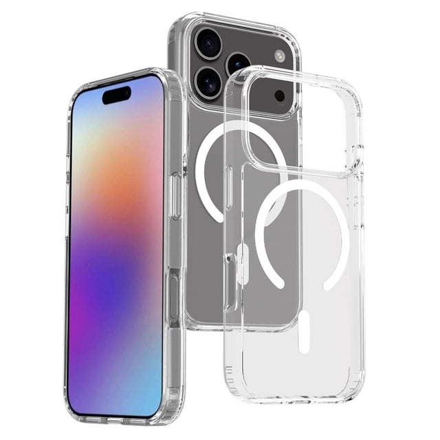 PST iPhone 17 Pro Max Case, a hybrid TPU back cover with MagSafe-compatible magnetic wireless charging. The clear acrylic design showcases the phone's original look while providing drop protection, raised screen edges, and a Camera Guard lens frame for enhanced scratch resistance. Built-in magnets ensure secure alignment with MagSafe accessories.