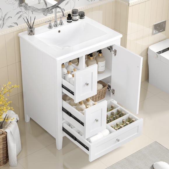Noble House 24" Bathroom Vanity with Ceramic Sink - Adjustable Shelf, White