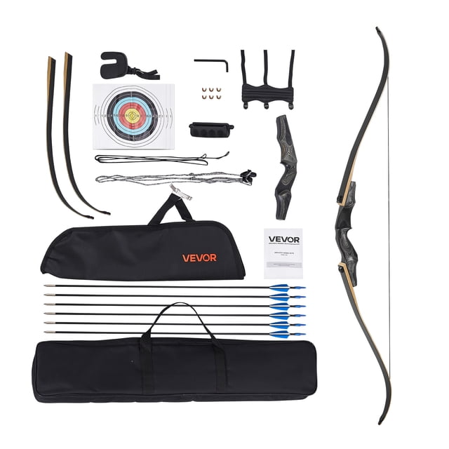 VEVOR 60in Takedown Recurve Bow Wooden Bow Arrow Kit Right Hand Hunting Practice 50lbs