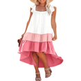 thumbnail image 2 of Women Summer Ruffled Sleeve Dress  Contrast Color/Solid Color Square Neck Irregular Hem Dress for Beach  Date, 2 of 6