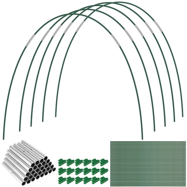 Greenhouse Hoops Frame Tunnel Kit 17in Long Detachable Garden Hoops made of rust-free fiberglass, featuring 18 green clips and durable support frames for netting raised beds, plant covers, and frost protection. Ideal for supporting strawberries, tomatoes, and climbing plants.