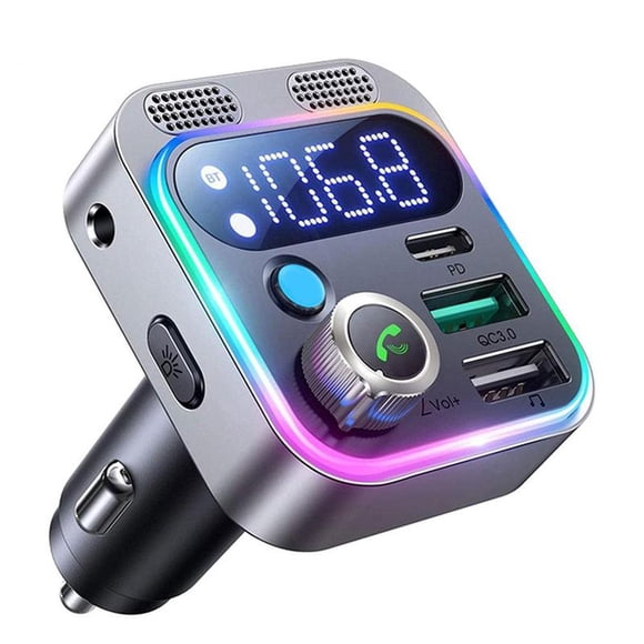 Car Bluetooth 5.2 FM Transmitter Fast Charging Type C Dual USB Adapter Car Charger Colorful Ambient Light Handsfree Dual Mics
