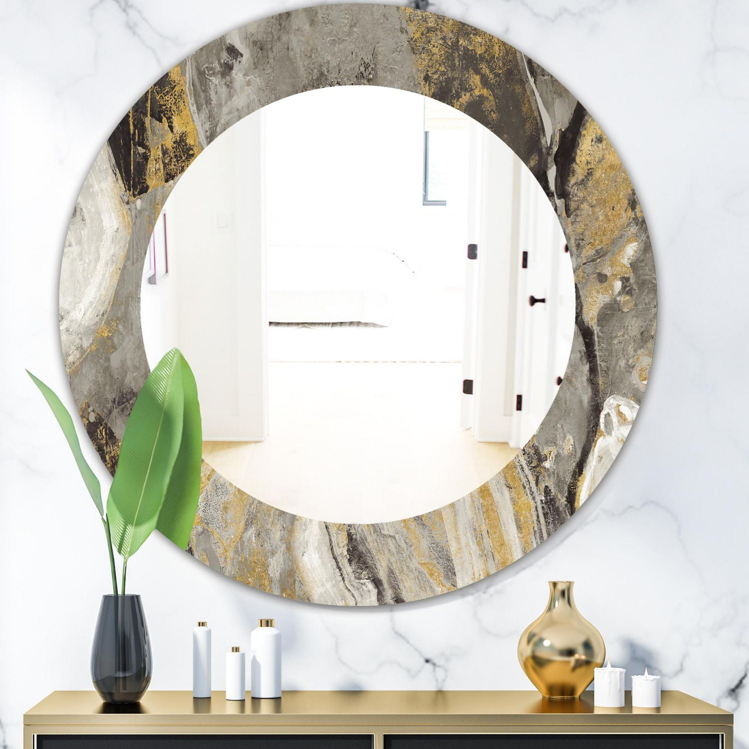 Designart 'Painted Gold Stone' Miroir Traditionnel - Mural Ovale ou Rond 24x24