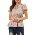 thumbnail image 1 of INSPIRE CHIC Haut Péplum pour Femme à Imprimé Floral, Manches Courtes, Taille Haute, Col à Nouer, 1 of 6