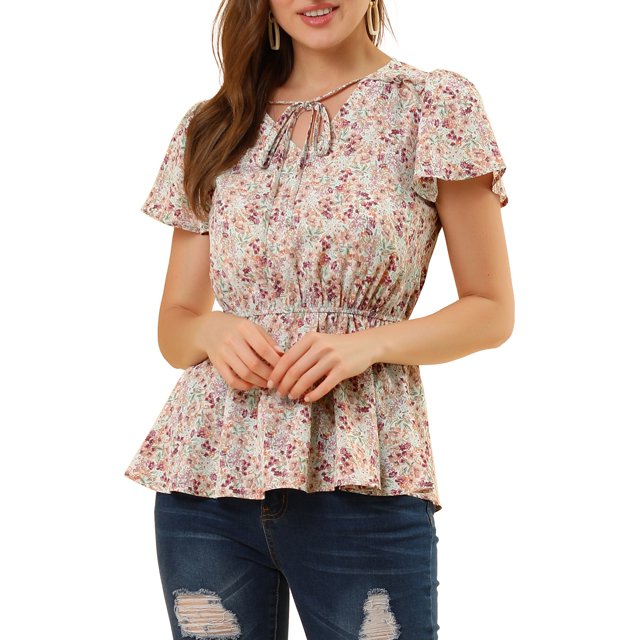 INSPIRE CHIC Haut Péplum pour Femme à Imprimé Floral, Manches Courtes, Taille Haute, Col à Nouer