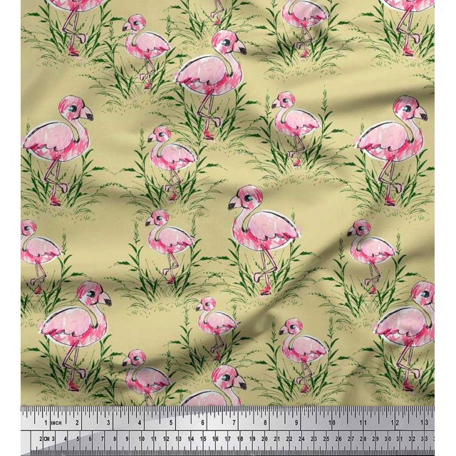 Soimoi Beige Satin Silk Fabric Grass & Flamingo Bird Fabric Prints By Yard 42 Inch Wide