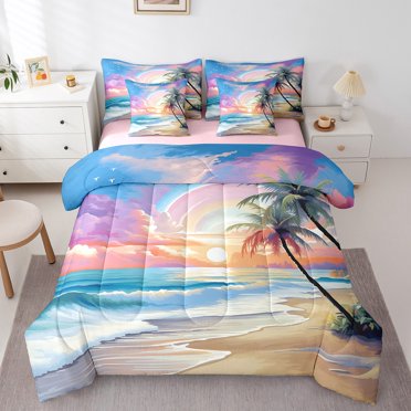Queen Coastal Beach Comforter Sets 7-Piece,Dreamy Rainbow Bedding Set with Sheets Bed in a Bag,Oil Painting Watercolor Bed Sheets Set,Sea Ocean Wave Down Comforter with 2 Pillow Covers