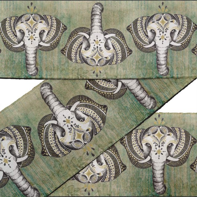 IBA Indianbeautifulart Green Tribal Elephant Face Animal Printed Ribbon Trim 9 Yards Velvet Fabric Laces For Crafts Sewing Accessories 4 Inches