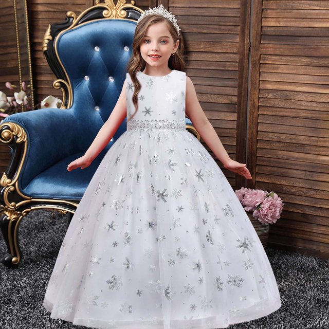 EGNMCR Vêtements pour Bébé Fille Robe pour Enfants Fille Sans Manches Robe de Princesse Motif Flocon de Neige Imprimé Tulle Longue Robe Canoniques