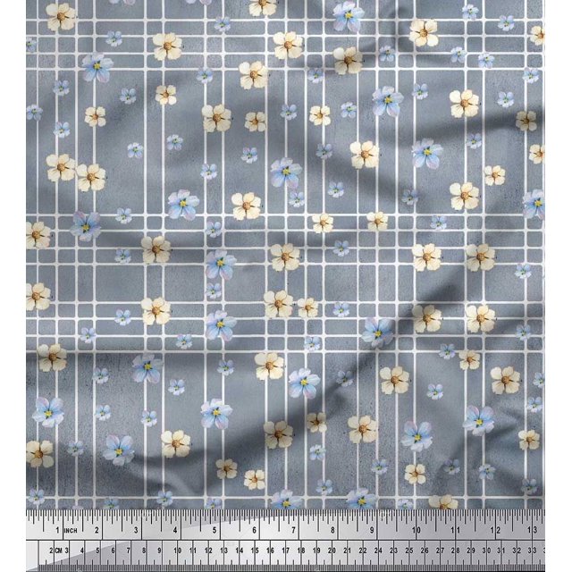 Soimoi Blue Silk Fabric Check & Floral Printed Craft Fabric by The Yard 42 Inch Wide