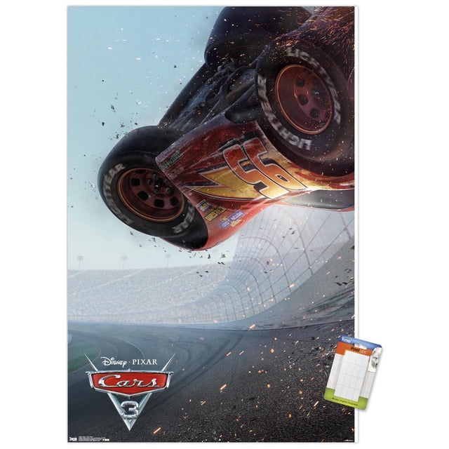 Disney Pixar Cars 3 - One Sheet Wall Poster, 22.375" x 34" featuring a red race car numbered 95 flipping mid-air on a racetrack with sparks and debris flying, set against a stadium background with a clear sky, suitable for kids' room or party decoration.