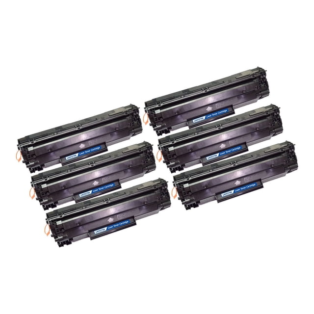 L-ink 6 Pack Compatible HP 79A (CF279A) Black Toner Cartridge set showing six black laser toner cartridges with blue model labels LMC279A, designed for HP M12A and M12W printers, featuring rectangular black plastic bodies with orange pull tabs, delivering crisp, clear laser print quality and a 1000 page yield, ideal for economical office printing needs.