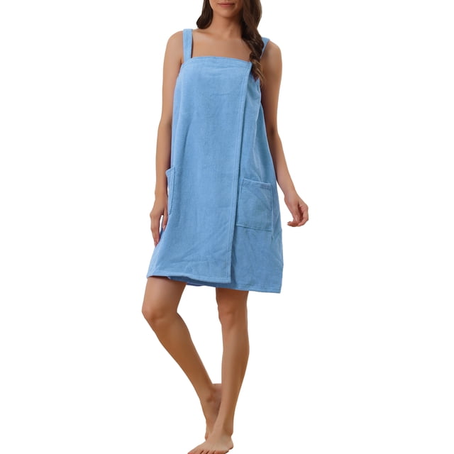 INSPIRE CHIC Women's Terry Wrap Bathrobe Spa Robe for Gym Pool Shower Bath Towel Robe Shower Dress M Blue