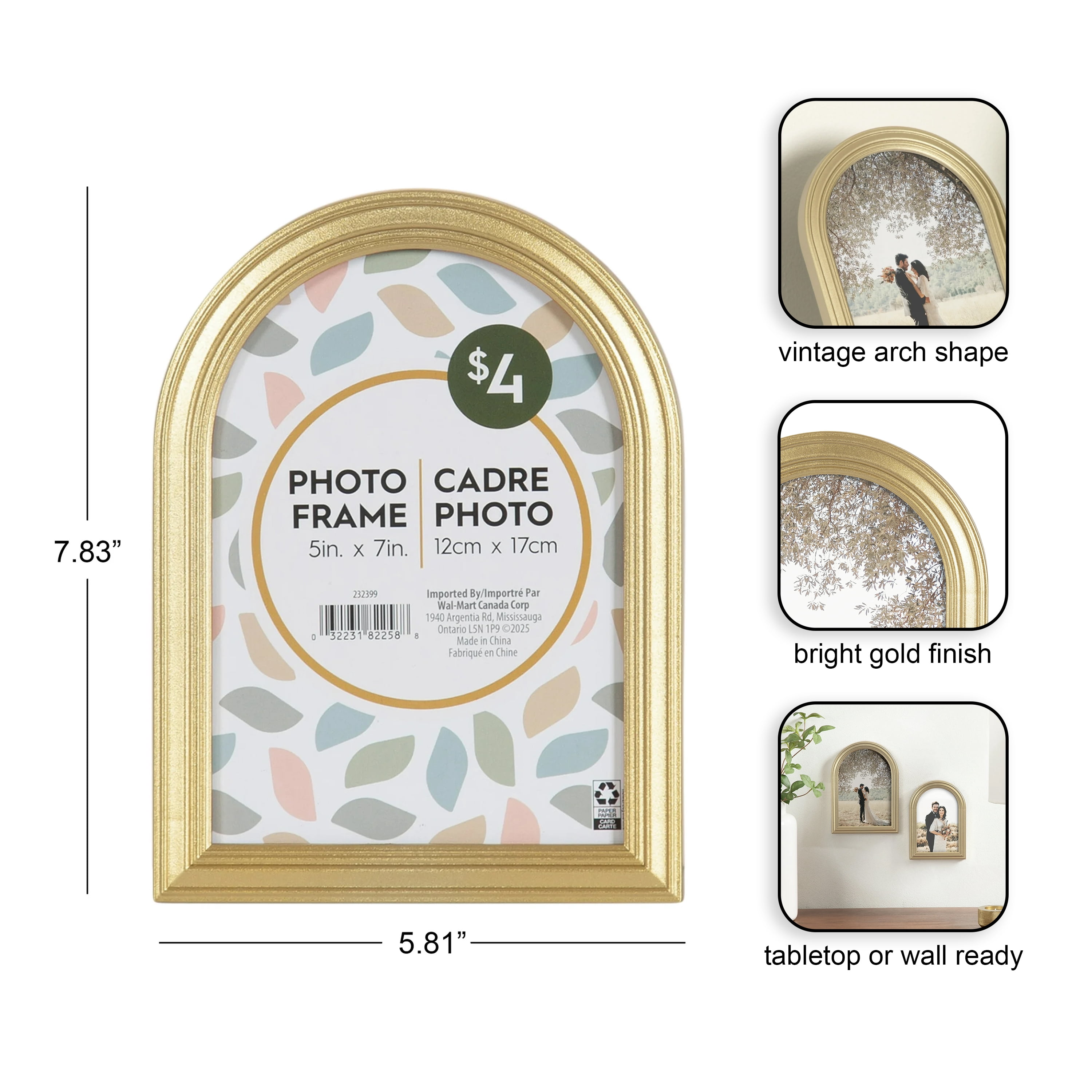 Cadre à photos décoratif doré avec une arche DesignOvation Maynor de 12,7 cm x 17,78 cm