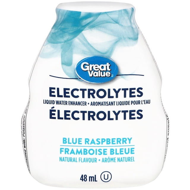Great Value Blue Raspberry Electrolytes Liquid Water Enhancer 48ML front-facing squeezable plastic bottle with blue liquid and Great Value label, compact travel-size electrolyte water enhancer with natural flavour, add one squeeze to 1 1/2 cups (375 mL) of water; often used to flavor sports bottles for gym or travel.