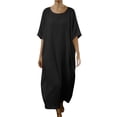 thumbnail image 2 of Pisexur Robes pour Femmes Classique Coton Lin Robe Maxi Couleur Unie Col Rond Manches Courtes Robe de Vacances pour la Plage Décontractée Ample Robes d'Été pour Femmes P-2TG,Noir, 2 of 5