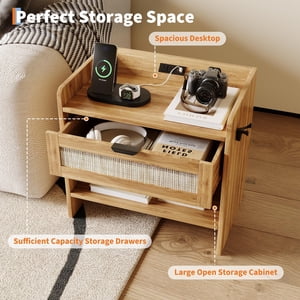 Rattan bedside cabinet with Type-C Charging Station – 1 Drawer & Open Shelf – Modern Boho Bedside Table for Bedroom, Office, or Living Room – Large End Table Night Stand – Walnut