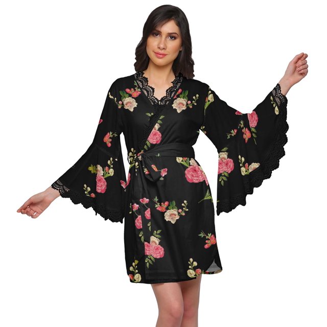Moomaya Peignoir en Coton pour Femmes Robe de Chambre Imprimée Courte Peignoir de Douche Nuptiale