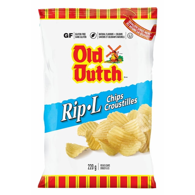 Old Dutch Ripple Plain Potato Chips bag showing thick-cut rippled potato chips with gluten free, natural flavours and colours, 220 g package with red and yellow striped borders, often enjoyed as a snack.