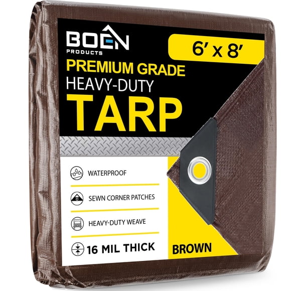 Ultra Heavy Duty Tarp Waterproof Cover | Brown 6' x 8' 16 Mil Thick | Rip Proof Tarps | Thick Weave Material UV Resistant Great for Tarpaulin Canopy Tent Boat RV or Pool Cover