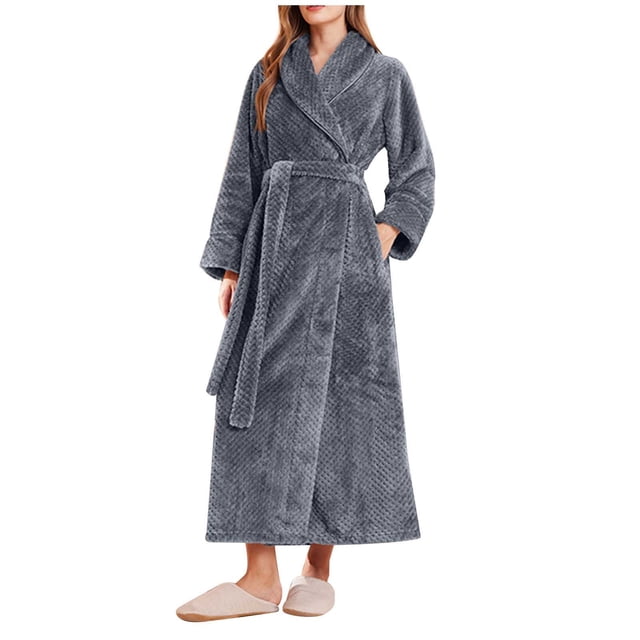 FAIWAD Women's Flannel Thickened Nightgown Soft Warm Fuzzy Fleece Robe Solid Color Bathrobe Loungewear with Pockets