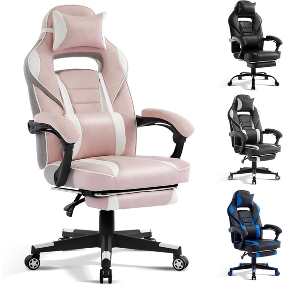 Gaming Chair with Lumbar Massage and Footrest PU Leather 300 lbs Home Office Pink