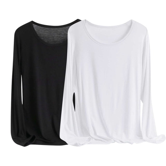 MeetoTime 2 Pcs Hauts à Manches Longues pour Femmes Col Rond Basique T-Shirt Doux Grande Taille T-Shirts Confortables X-6X