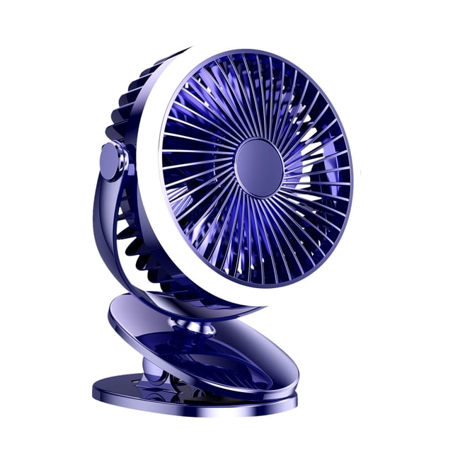 Clip Camping Fan with LED Light, 10000mAh USB Rechargeable Tent Fan, shown in a sleek blue design with a circular grille and adjustable clip base. Features include 360° rotation, built-in LED lighting, and a rechargeable 10000mAh battery for up to 10 hours of fan use. Compact and portable, suitable for camping, outdoor use, or as an emergency power supply.