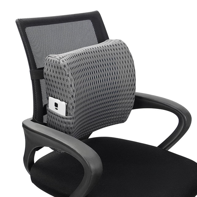 Lumbar Support Pillow, Cool Gel Memory Foam Lower Back Cushion for Office Chair Car, Grey. A grey lumbar cushion with cooling gel memory foam and a breathable mesh cover, attached to an office chair using adjustable dual straps. Includes a side pocket for storage and ergonomic design for posture support.