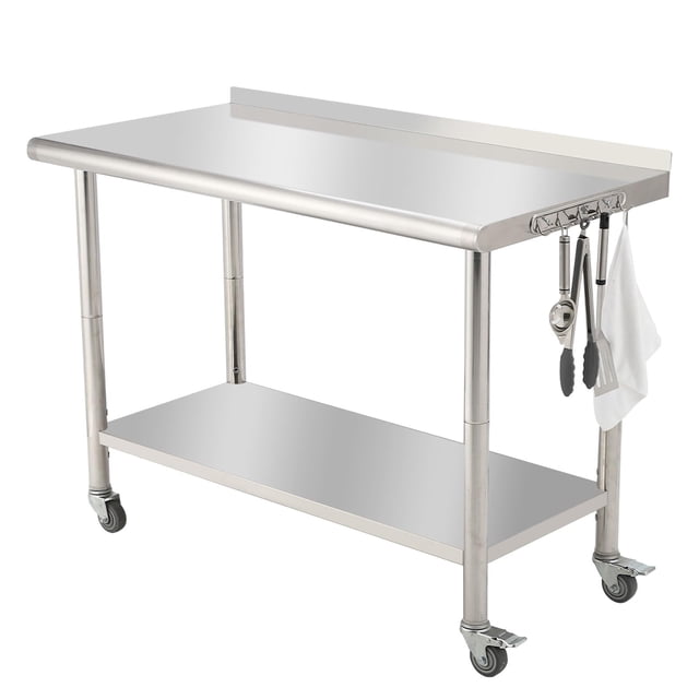 BeesClover Table en Acier Inoxydable pour Préparation et Travail avec Dosseret, Table de Cuisine Robuste avec Tablette et Pied Réglables pour Restaurant, Maison et Hôtel