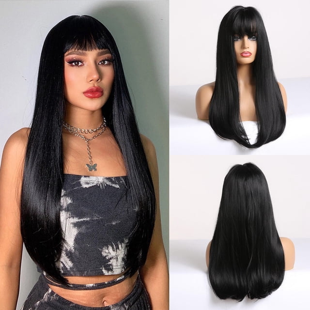 Heliisoer 60cm Bangs Black Medium Long Straight Hair High Temperature Silk Rose Net Wig