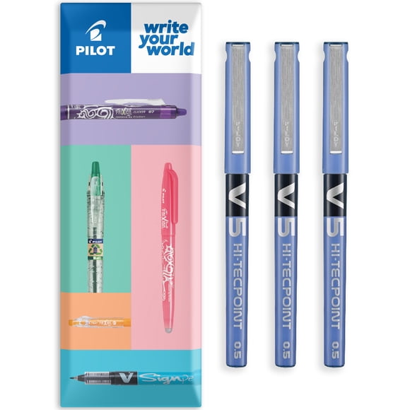 Pilot V5 Hi-Tecpoint Rollerball Pen, Fine Point, 0.5mm, Blue Ink, 3 Pack
