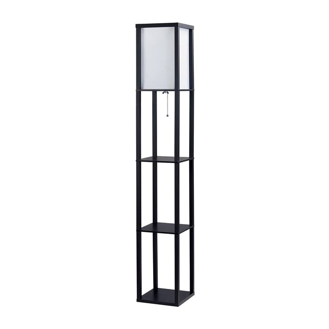 HOMETRENDS Lampe sur Pied avec Cadre Fini Bois Noir et Abat-Jour en Tissu Blanc, Lumière Douce et Chaude. Elle Mesure 63 Po de Hauteur, Dispose de Trois Étagères pour l'Exposition et d'Un Interrupteur à Chaîne à Tirer, Idéale pour les Chambres, les Bureaux Ou les Salons.