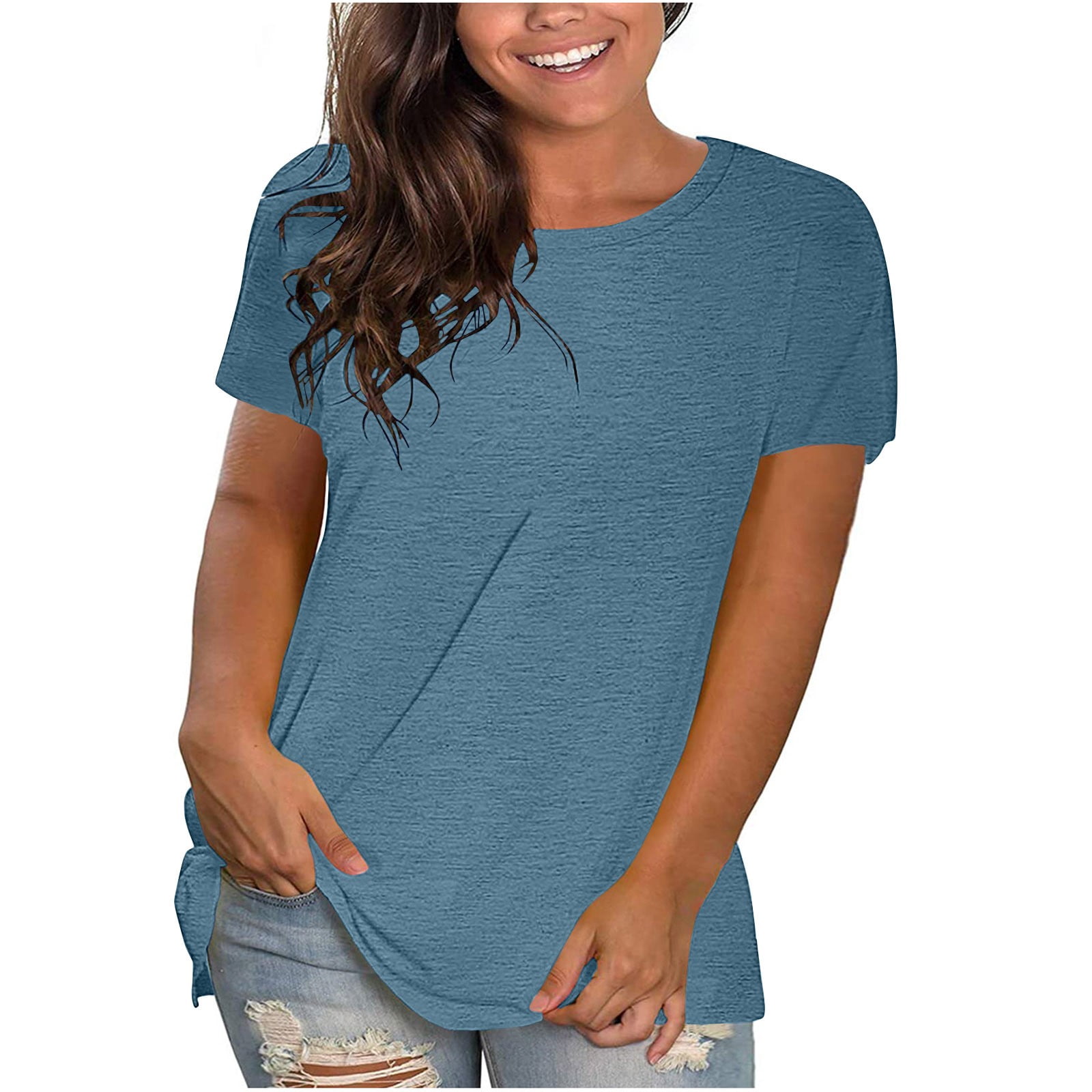 Women Full Sleeve Tops Short Sleeve Round Neck Top Plus Size Solid Color Basic T-Shirts,Womens Elbow Sleeve Tops