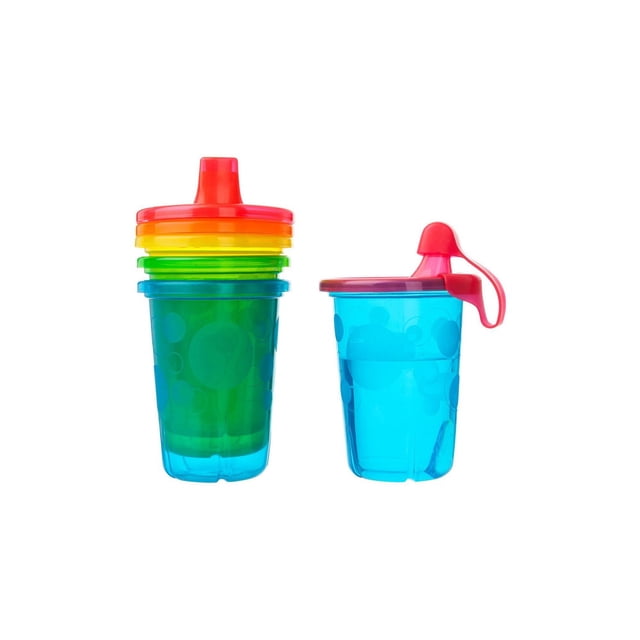 The First Years Take & Toss 10 oz Sippy Cups - 5 pack, colours may vary, showing translucent blue cups stacked with red, orange, yellow, and green snap-on lids, plus one cup with a red spill-proof lid and handle, BPA-free and dishwasher safe for easy reuse and recycling.